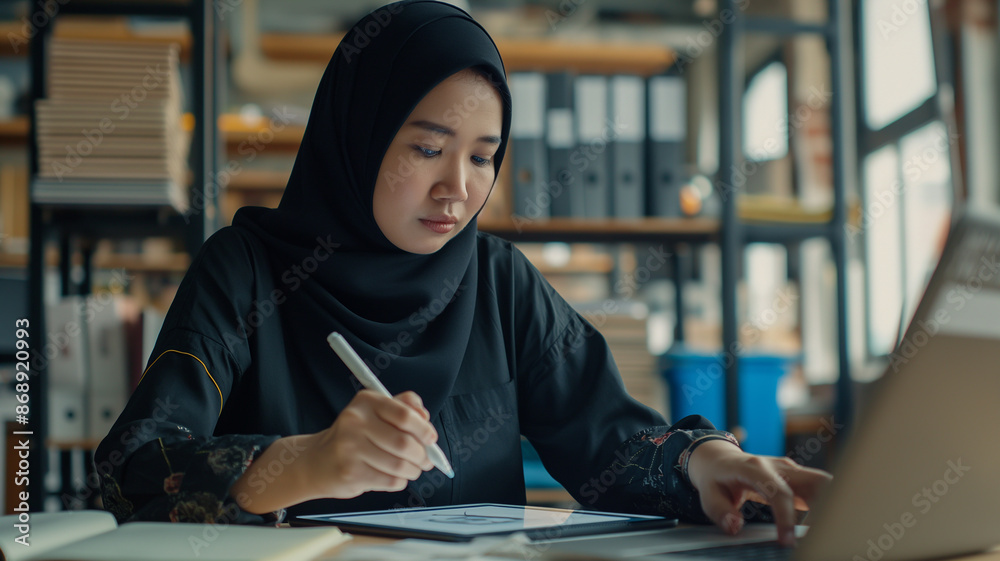 Hijabi UX Designer Woman Drawing Wireframe In a Digital Tablet Hijabi UX Designer Woman Drawing Wireframe In a Digital Tablet