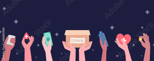 Colorful Donation Poster Vector with Diverse Hands Holding Various Donation Items on Dark Background