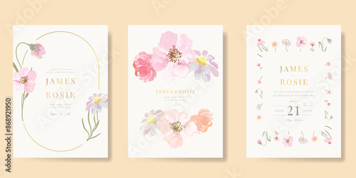 Elegant wedding invitation card background vector. Minimal hand painted watercolor botanical flowers texture template background. Design illustration for wedding, vip cover, poster, rsvp modern card.