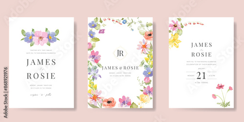 Elegant wedding invitation card background vector. Minimal hand painted watercolor botanical flowers texture template background. Design illustration for wedding, vip cover, poster, rsvp modern card.