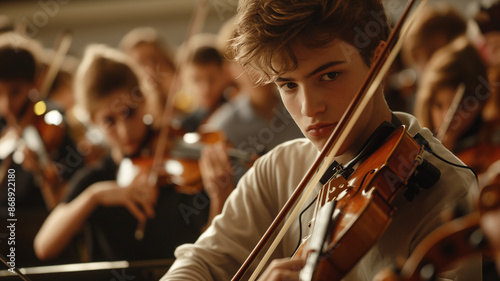 A Boy Playing the Violin in an Orchestra