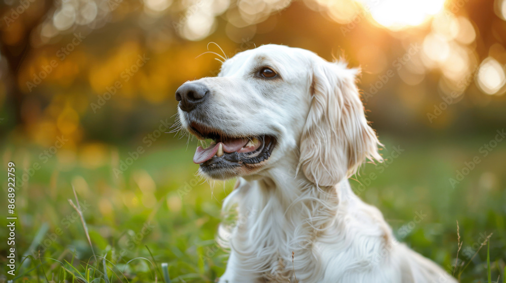 beautiful happy white english setter is resting on green grass beautiful happy white english setter is resting on green grass