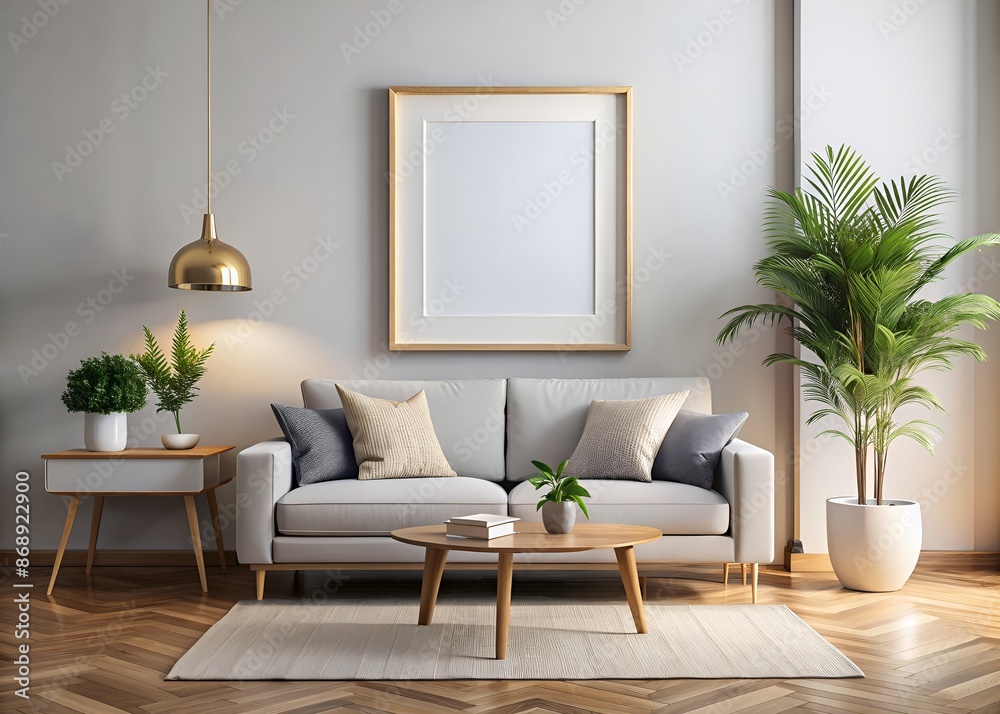 Fototapeta Beautiful art painting frame mockup hangs on the wall in a modern living room, featuring a white background, awaiting your custom design or artwork.