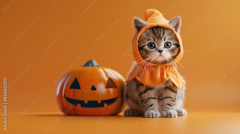 A cute cat wearing Halloween costume with pumpkin on orange color background with copy space. A cute cat wearing Halloween costume with pumpkin on orange color background with copy space.