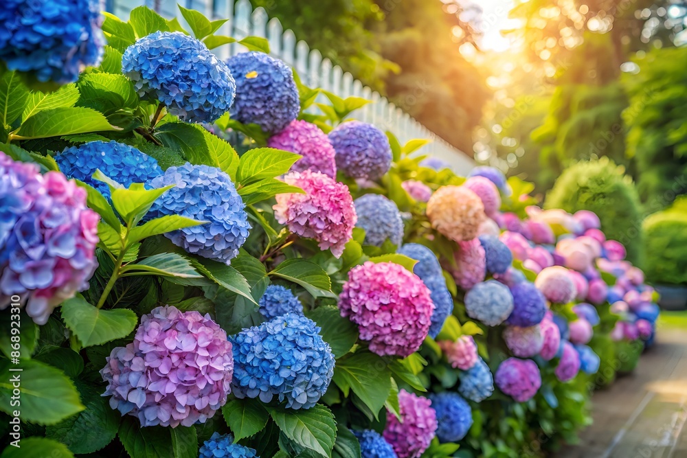 Vibrant blue and pink hydrangeas bloom amidst a lush white hedge, creating a serene and picturesque summer scene with soft, natural lighting. Vibrant blue and pink hydrangeas bloom amidst a lush white hedge, creating a serene and picturesque summer scene with soft, natural lighting.