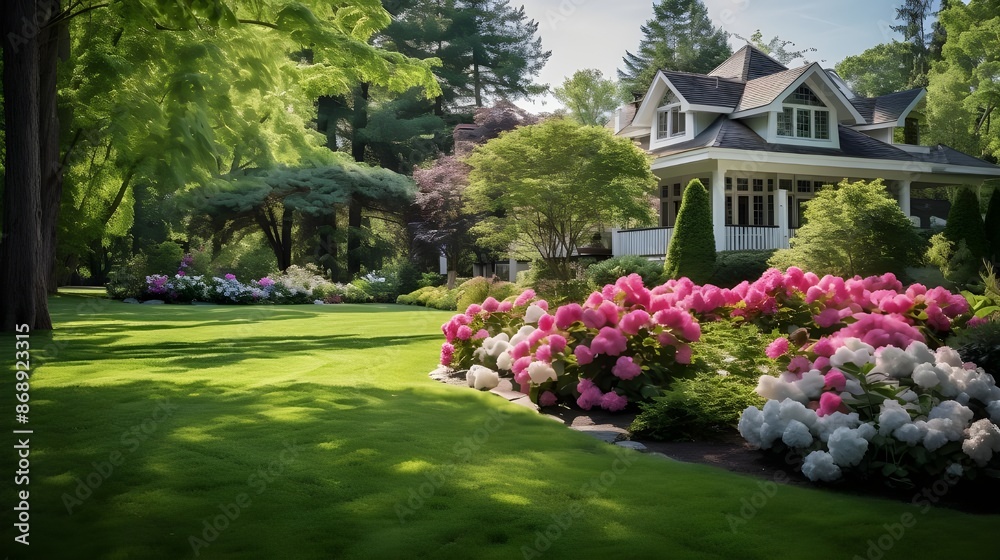 Fototapeta premium During the late spring season, ensure that your home is tidy and well maintained, with a vibrant and wholesome front yard. 