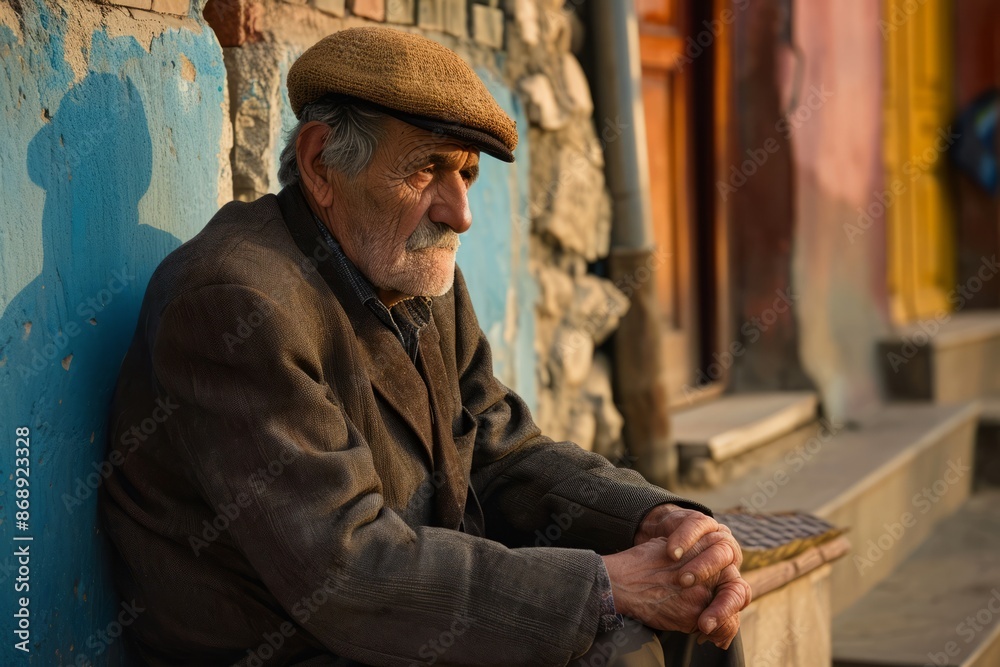 Portrait of an old man sitting on a bench in the street Portrait of an old man sitting on a bench in the street