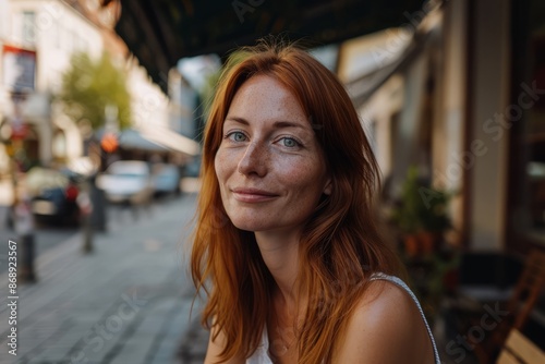 Portrait of a red-haired girl with freckles on her face in a cafe