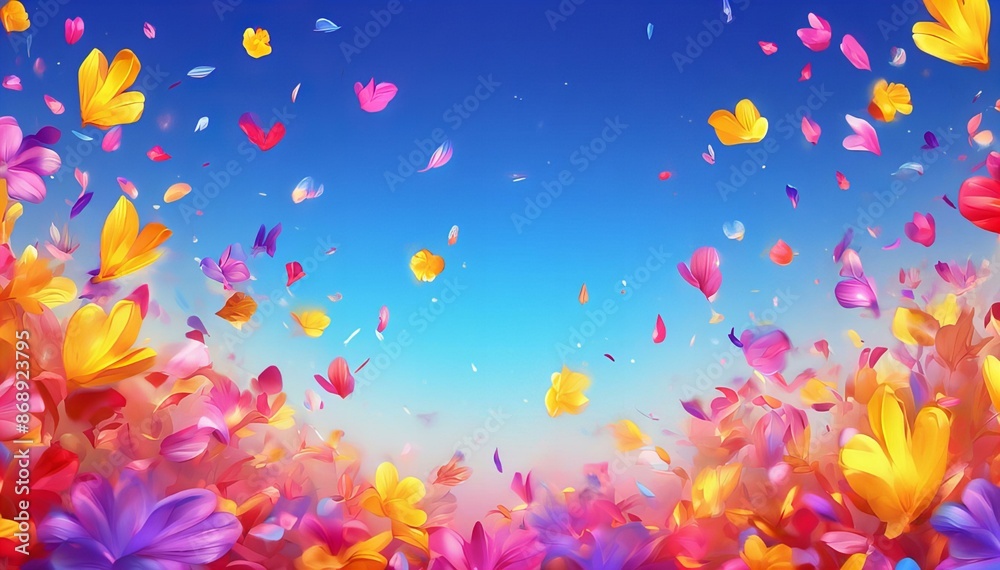 Looped cartoon flower petals flying up on iridescent gradient color background animation. Looped cartoon flower petals flying up on iridescent gradient color background animation.