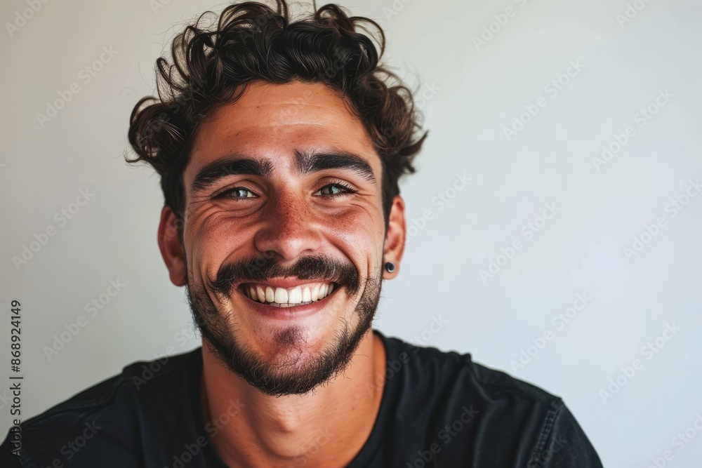 Portrait of a young handsome man with a beard and mustache smiling