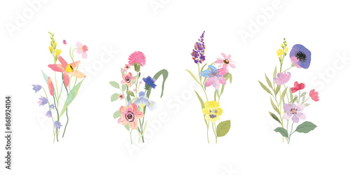 Wallpaper Mural Set of bouquet vector. Watercolor floral arrangement with wildflower, rose, poppy, sunflower, eucalyptus, leaves branch in minimal style. Botanical illustration design for logo, wedding, decor, print. Torontodigital.ca