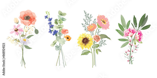 Set of bouquet vector. Watercolor floral arrangement with wildflower, rose, poppy, sunflower, eucalyptus, leaves branch in minimal style. Botanical illustration design for logo, wedding, decor, print.