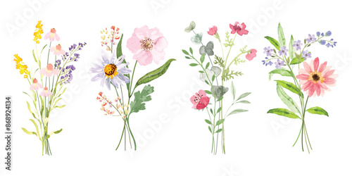 Set of bouquet vector. Watercolor floral arrangement with wildflower, rose, poppy, wildgrass, eucalyptus, leaves branch in minimal style. Botanical illustration design for logo, wedding, decor, print.