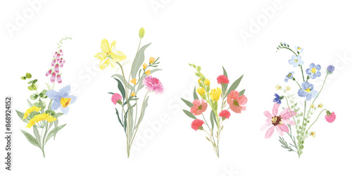 Set of bouquet vector. Watercolor floral arrangement with wildflower, rose, poppy, orchid, eucalyptus, leaves branch in minimal style. Botanical illustration design for logo, wedding, decor, print.
