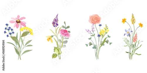Wallpaper Mural Set of bouquet vector. Watercolor floral arrangement with wildflower, rose, poppy, ranunculus, eucalyptus, leaves branch in minimal style. Botanical illustration design for logo, wedding, decor,print. Torontodigital.ca