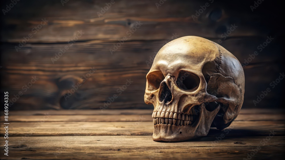 Close-up of human skull on wooden table, highlighting bone structure and anatomy , skull, human, close-up, bone Close-up of human skull on wooden table, highlighting bone structure and anatomy , skull, human, close-up, bone