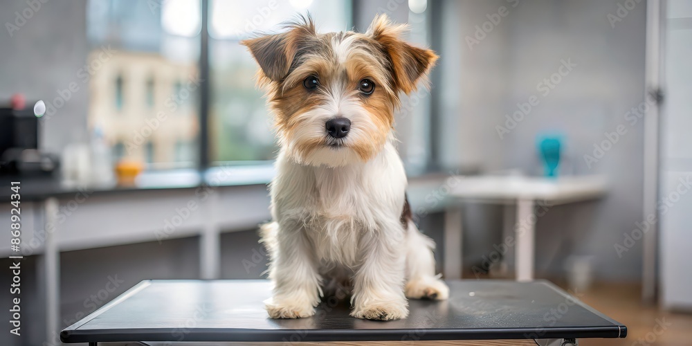 Cute terrier puppy sitting on a grooming table indoors, looking at the camera with clean fur, puppy, terrier, groomed, table, indoor, cute Cute terrier puppy sitting on a grooming table indoors, looking at the camera with clean fur, puppy, terrier, groomed, table, indoor, cute