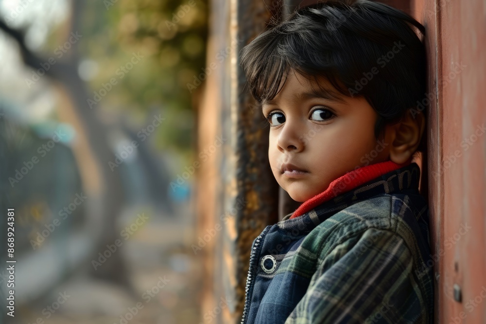 Portrait of a boy in the street. Selective focus. Portrait of a boy in the street. Selective focus.