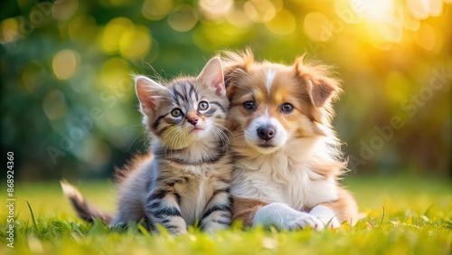 Cute kitten and puppy snuggled together outdoors, displaying their fluffy fur and playful bond, pets, animals, friendship, cute
