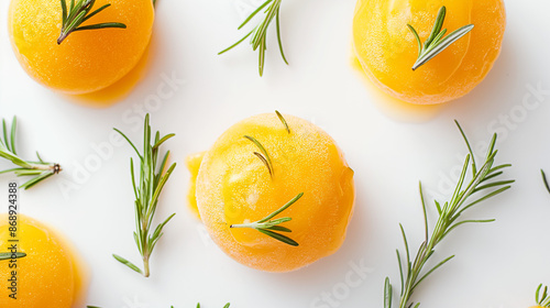 Elegant rosemary citrus sorbet, a closeup of elegant rosemary citrus sorbet, its vibrant color and sprigs of rosemary set against a white background