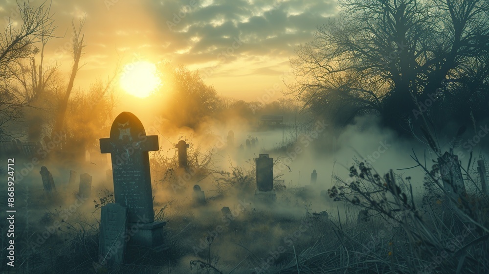 Mysterious Foggy Graveyard at Sunrise Mysterious Foggy Graveyard at Sunrise