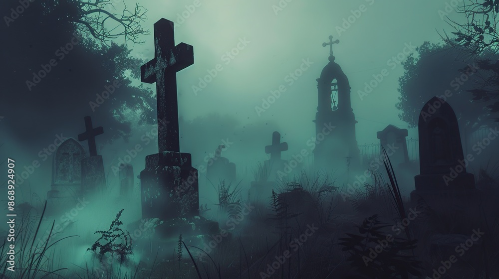 Mysterious Graveyard in a Misty Fog Mysterious Graveyard in a Misty Fog