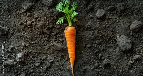 Freshly Harvested Orange Carrot With Green Tops in Garden Soil