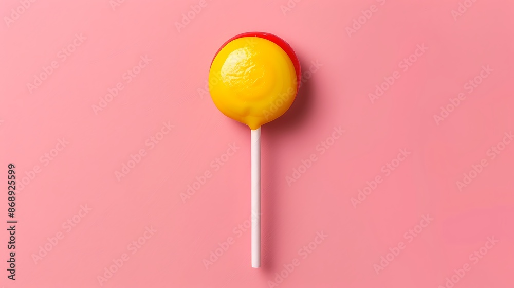 Red stick with a yellow lollipop on a flat pink background very detailed and realistic shape