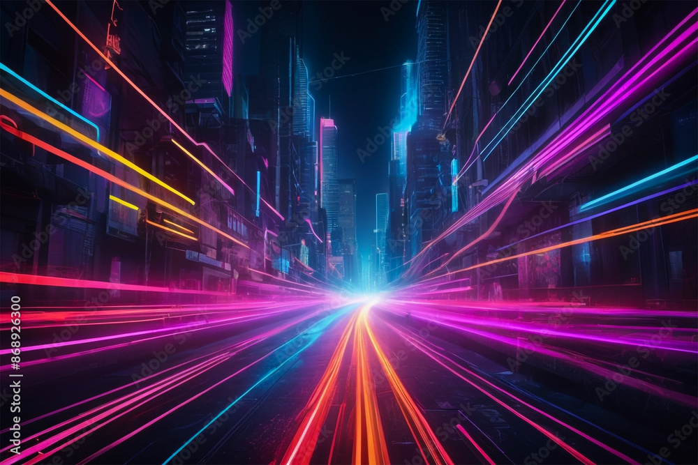 Obraz premium Vibrant Neon Light Trails Forming Abstract Patterns Against Dark Urban Setting for New Year's Celebration