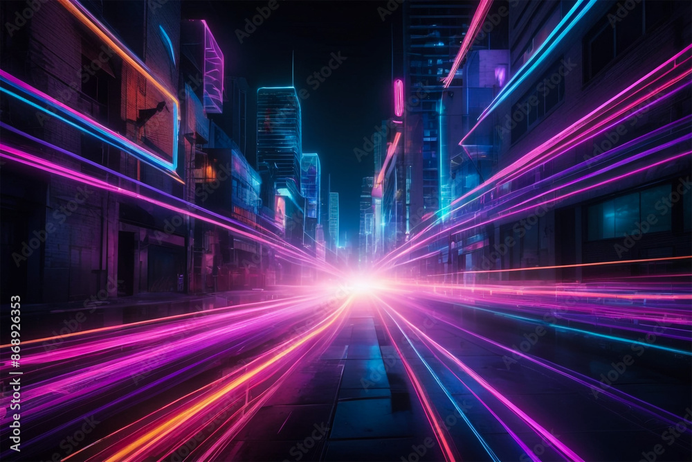 Fototapeta premium Vibrant Neon Light Trails Forming Abstract Patterns Against Dark Urban Setting for New Year's Celebration