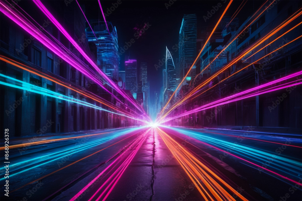 Obraz premium Vibrant Neon Light Trails Forming Abstract Patterns Against Dark Urban Setting for New Year's Celebration