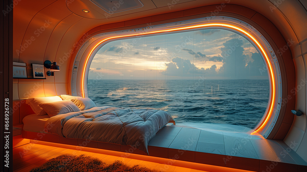 interior of a hotel bedroom with Windows with sea views interior of a hotel bedroom with Windows with sea views