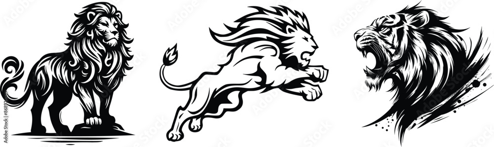 Set of lion in various poses, best for tribal tattoo and logo design, vector illustration. Set of lion in various poses, best for tribal tattoo and logo design, vector illustration.