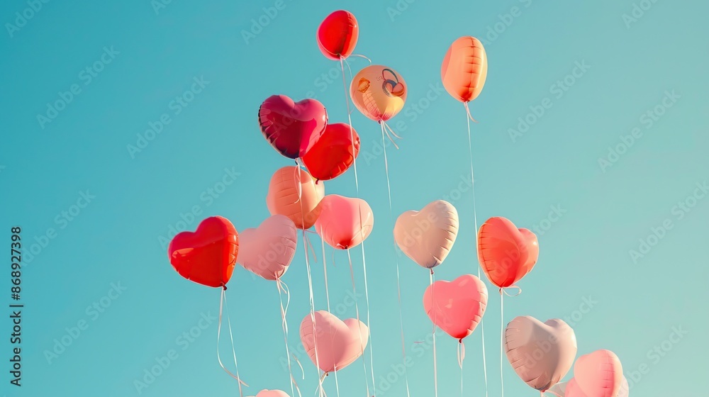 Heart-Shaped Balloons Soaring in a Blue Sky Heart-Shaped Balloons Soaring in a Blue Sky
