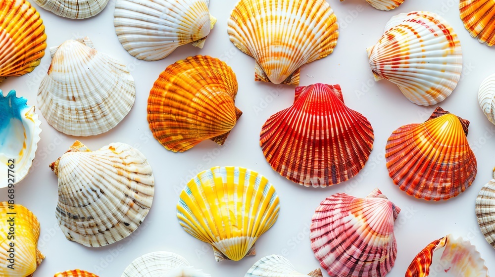 A collection of colorful seashells on a white background. A collection of colorful seashells on a white background.