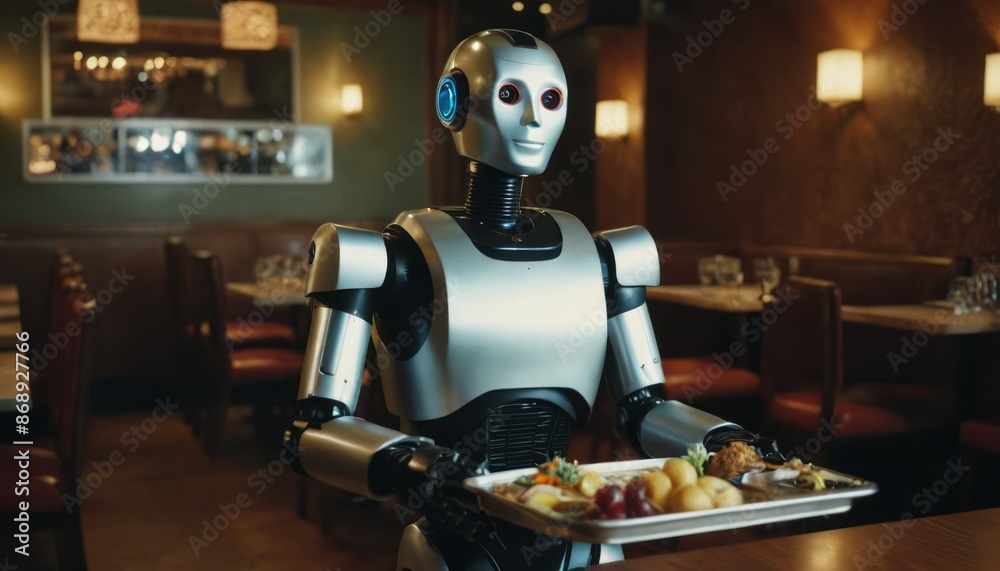 Fototapeta premium A humanoid robot in a restaurant is holding a tray of food, ready to serve