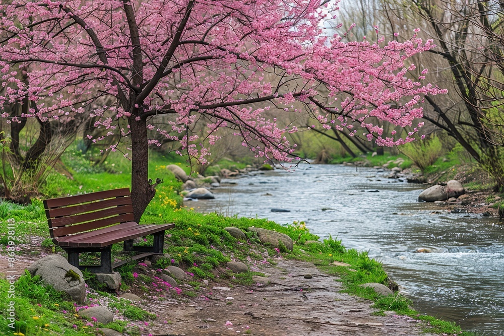 A park scene in spring with a wooden bench beneath a blooming cherry tree A park scene in spring with a wooden bench beneath a blooming cherry tree