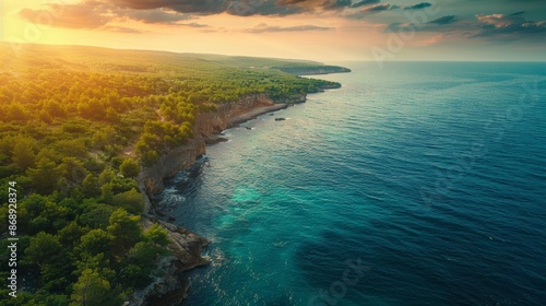 The natural beauty of the wide expanse of the ocean with green trees on the edge