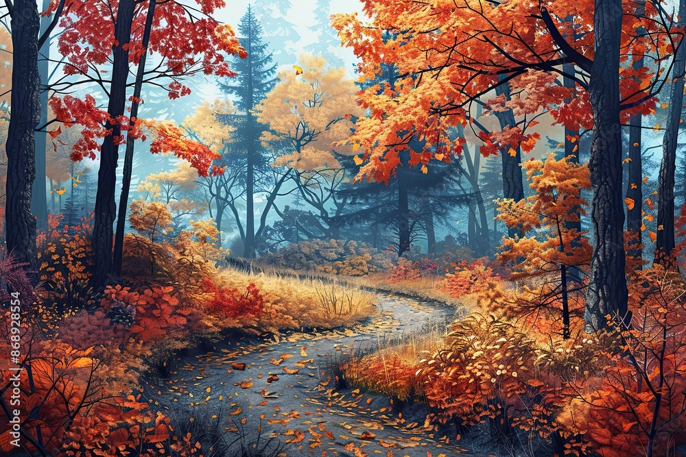 A peaceful autumn morning in the forest, featuring vibrant foliage and colorful trees under a sky of rich October hues
