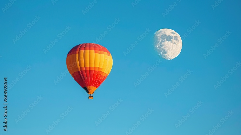 Hot Air Balloon and Moon in a Blue Sky Hot Air Balloon and Moon in a Blue Sky