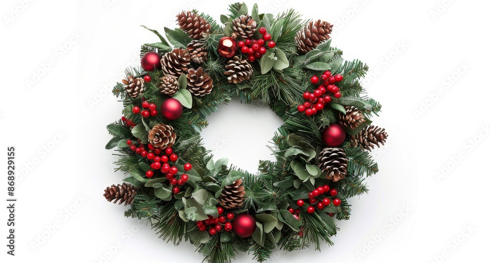 Christmas Wreath With Pine Cones and Red Berries Isolated on White Background Christmas Wreath With Pine Cones and Red Berries Isolated on White Background