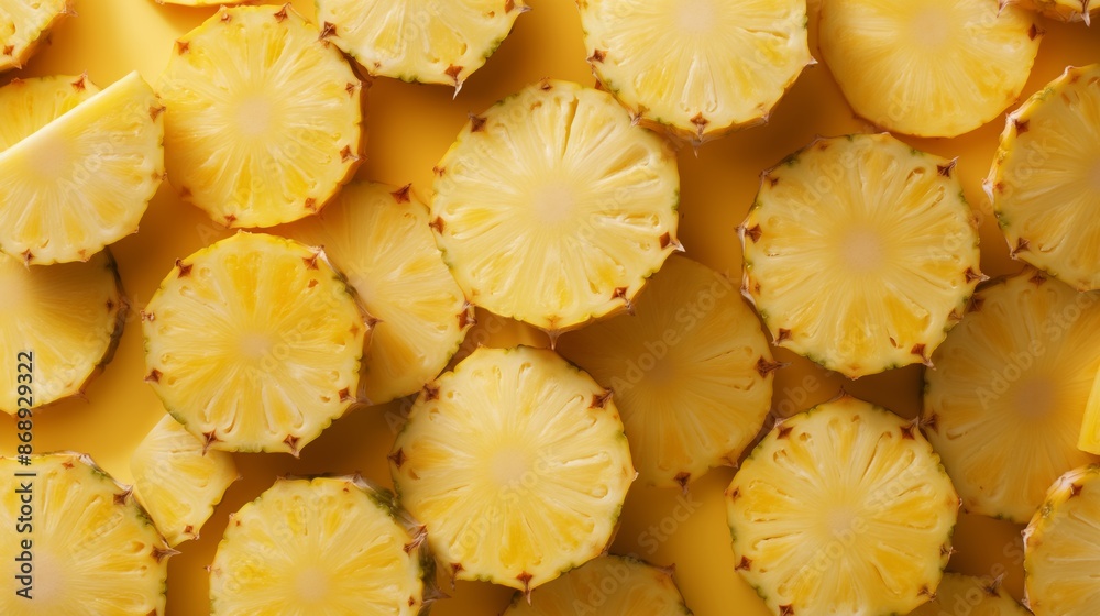 Close up of freshly sliced pineapple on a yellow background. Close up of freshly sliced pineapple on a yellow background.