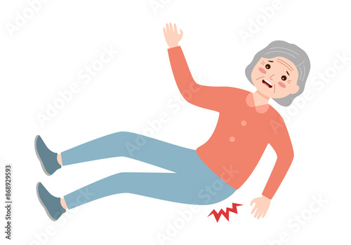 Senior woman falls and hurts back in flat design on white background. Senior back pain concept.