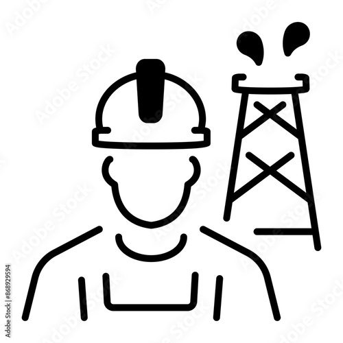 An oil worker with drilling rig, line icon 