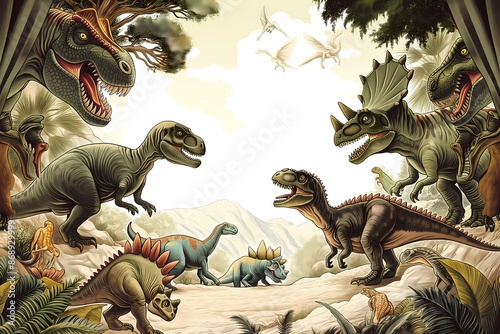 An illustration featuring a diverse collection of dinosaurs set against a backdrop of lush green plants. The dinosaurs include popular species such as Tyrannosaurus Rex, Velociraptor, and more photo