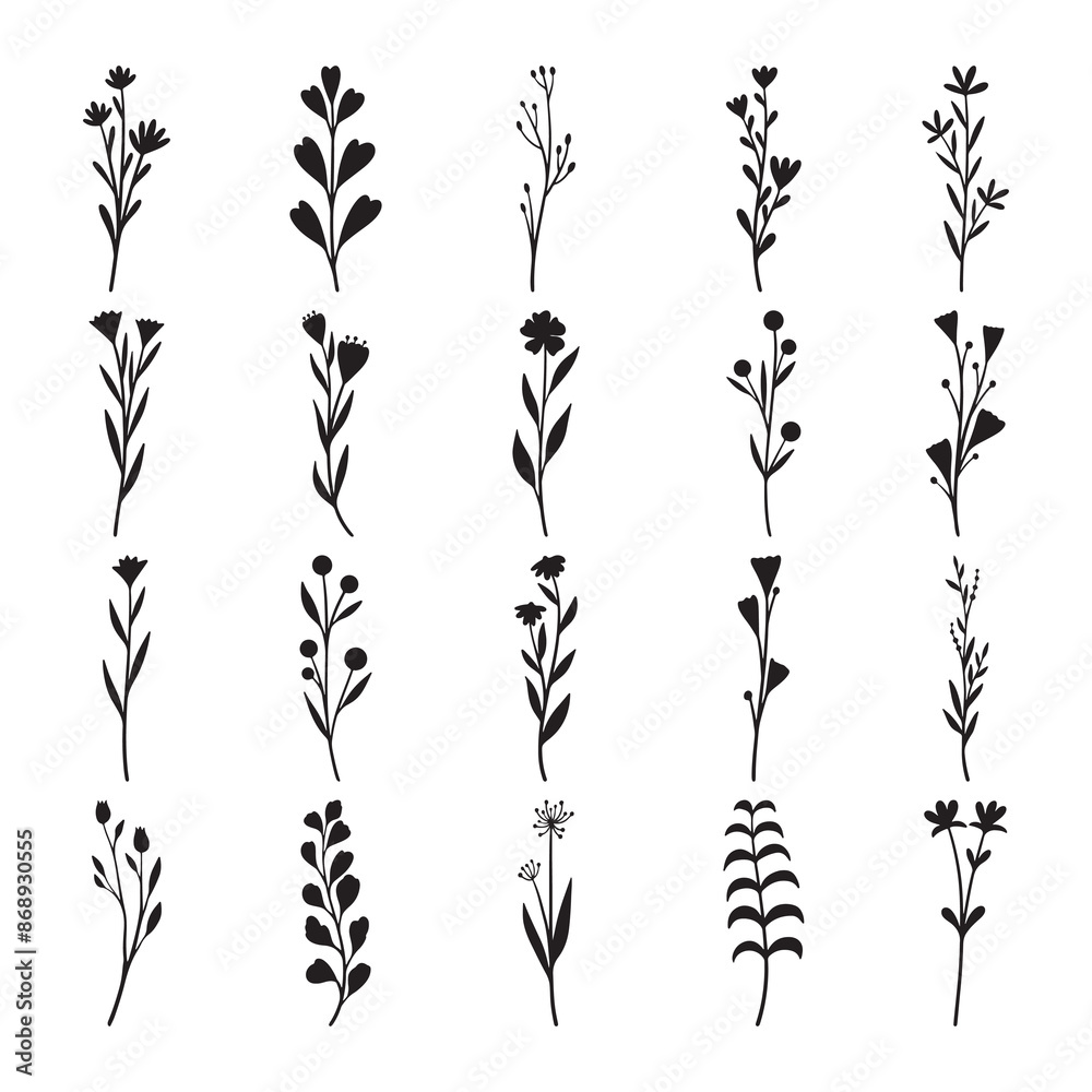Set of plants and flower silhouette Set of plants and flower silhouette