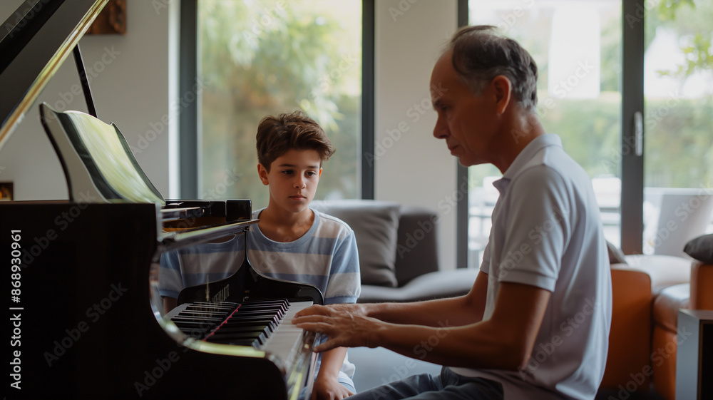 Obraz premium A boy watching his teacher playing a piano musical peace