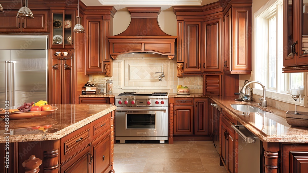 Traditional Kitchen: Rich wood cabinetry with intricate details. Ornate moldings, classic fixtures, and a warm, inviting color scheme with granite or marble countertops. Traditional Kitchen: Rich wood cabinetry with intricate details. Ornate moldings, classic fixtures, and a warm, inviting color scheme with granite or marble countertops.