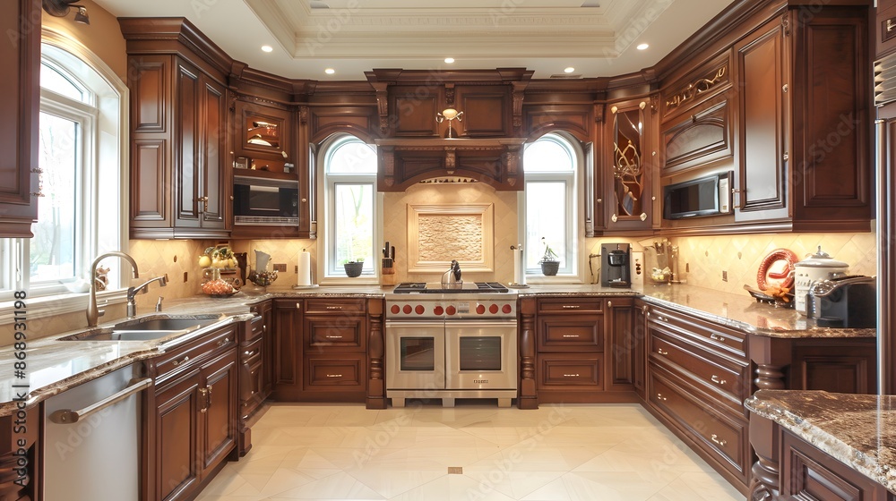 Fototapeta premium Traditional Kitchen: Rich wood cabinetry with intricate details. Ornate moldings, classic fixtures, and a warm, inviting color scheme with granite or marble countertops.