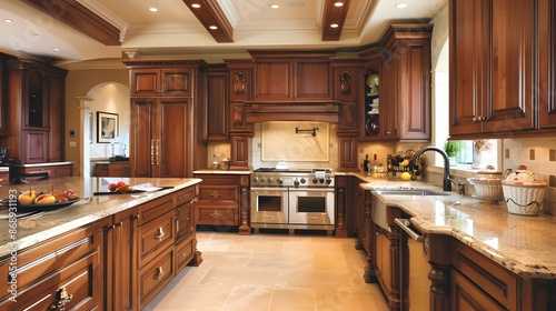 Traditional Kitchen: Rich wood cabinetry with intricate details. Ornate moldings, classic fixtures, and a warm, inviting color scheme with granite or marble countertops.